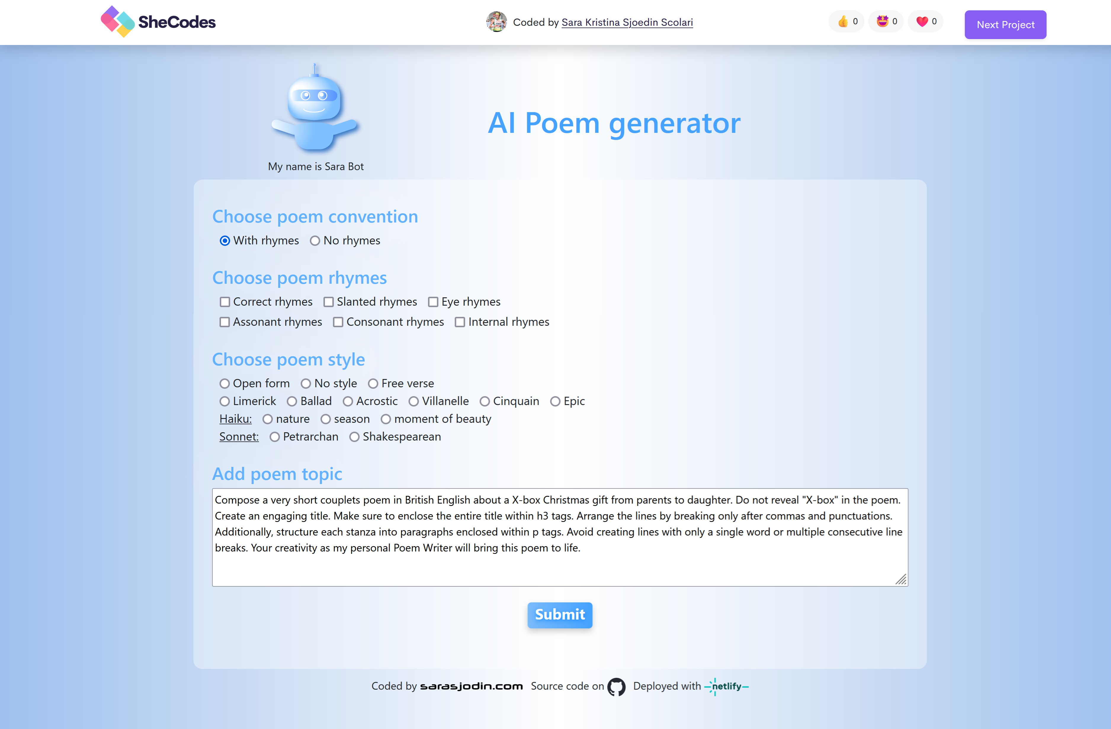 Screenshot of AI Poems generator app